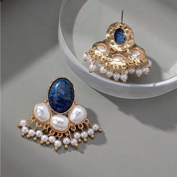 Blue and Gold Pearl Earrings - Picture 2 of 4